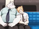  2016 anthro blush bottomwear canid canine canis clothing domestic_dog duo eyes_closed fur humanoid_hands inunoshippo male mammal necktie overweight overweight_male pants shirt sitting topwear white_body white_fur 