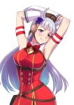  1girl animal_ears armband armpits arms_up blunt_bangs blush bow breasts brown_hat commentary_request dress ear_bow ear_ribbon gloves gold_ship_(red_strife)_(umamusume) gold_ship_(umamusume) grey_hair hat highres horse_ears horse_girl large_breasts long_hair looking_at_viewer parted_lips pillbox_hat purple_eyes red_bow red_dress simple_background sleeveless sleeveless_dress smile solo striped_armband striped_clothes take-zz umamusume white_background white_gloves 