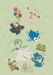  @_@ absurdres bag balloon berry_(pokemon) black_eyes closed_mouth colored_skin commentary_request dress drilbur fangs full_body gardevoir green_background green_hair highres holding mimikyu munchlax musical_note peakychu pecha_berry pikachu piplup pokemon pokemon_(creature) pokemon_focus pokemon_pokopia red_eyes simple_background smile water wavy_mouth white_skin zozozoshion 