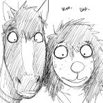  1:1 black_and_white bodily_fluids canid canine canis clothed clothing comic creepy dialogue domestic_dog duo equid equine female hi_res hladilnik horse male mammal michelle_(hladilnik) monochrome scared simple_background sweat text white_background zebra zebra_son_(hladilnik) 