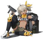  1girl ahoge bag bangs black_jacket black_legwear blonde_hair brown_bag brown_eyes commentary dark_skin girls_frontline gun highres holding holding_gun holding_weapon jacket jjw1029 klin_(girls_frontline) navel ponytail ribbon shoes sitting solo thighhighs weapon yellow_ribbon 