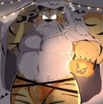  2019 anthro belly blush clothing felid halloween holidays hyaku_(artist) male mammal night overweight overweight_male pantherine pubes solo tiger underwear 