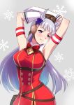  1girl animal_ears armband armpits arms_up blunt_bangs blush bow breasts brown_hat commentary_request dress ear_bow ear_ribbon gloves gold_ship_(red_strife)_(umamusume) gold_ship_(umamusume) grey_hair hat highres horse_ears horse_girl large_breasts long_hair looking_at_viewer parted_lips pillbox_hat purple_eyes red_bow red_dress sleeveless sleeveless_dress smile snowflake_background solo striped_armband striped_clothes take-zz umamusume white_gloves 