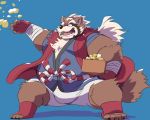  00murice 2019 anthro belly blue_background bottomwear brown_body brown_fur canid canine clothing eyes_closed fur goemon_(tas) hi_res humanoid_hands male mammal overweight overweight_male raccoon_dog shorts simple_background solo tanuki tokyo_afterschool_summoners video_games 