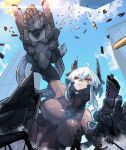  1girl 2boys absurdres ahoge armored_leotard bare_shoulders blue_hair blue_sky bodysuit breasts building bullet city closed_mouth cloud cloudy_sky commentary_request covered_navel crossed_bangs day destruction firing from_below frown gauntlets giant giantess gun hair_between_eyes headgear highres impossible_clothes impossible_leotard large_breasts leotard long_hair m004_(natsukaze_shigure) mecha_musume mechanical_arms mechanical_tail multiple_boys natsukaze_shigure original outdoors red_eyes shell_casing sidelocks skin_tight sky solo_focus tail underboob weapon white_hair 