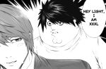  2boys blazer blush_stickers cleft_chin cosplay death_note family_guy fat fat_man greyscale jacket kowai_(iamkowai) l_(death_note) l_(death_note)_(cosplay) male_focus monochrome multiple_boys peter_griffin school_uniform shirt speech_bubble spiked_hair sweatdrop yagami_light 