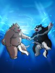  2016 anthro asian_clothing balls belly bulge canid canine canis clothing domestic_dog duo east_asian_clothing fundoshi humanoid_hands inunoshippo japanese_clothing male mammal moobs navel nipples overweight overweight_male underwater underwear water 