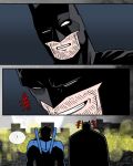  2boys absurdres batman batman_(series) black_bodysuit blue_bodysuit bob_novbob bodysuit dc_comics father_and_child father_and_son grey_bodysuit highres laughing male_focus multicolored_bodysuit multiple_boys nightwing parent_and_child smile superhero_costume taut_bodysuit two-tone_bodysuit 