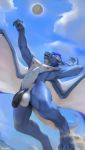  2019 altrue anthro ball balls blue_body blue_scales chunie clothed clothing detailed_background digital_media_(artwork) dragon ear_piercing ear_ring glans hi_res humanoid_penis jumping looking_up male membrane_(anatomy) membranous_wings nipples nude partially_retracted_foreskin penis piercing scales scalie sky smile solo uncut western_dragon white_body white_scales wings 