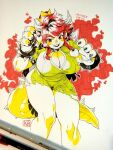  1girl animal_hands armlet artist_logo blush bowsette bracelet breasts claws cleavage cleavage_cutout clothing_cutout collar commentary cropped_legs dated dress earrings english_commentary english_text fangs fire hands_up highres horns huge_breasts inktober jewelry leaning_forward logo long_hair looking_at_viewer mario_(series) marker_(medium) monster_girl open_mouth paper_background paw_pose pen_(medium) photo_(medium) poch4n pointy_ears red_eyes red_hair short_sleeves sidelocks solo spiked_armlet spiked_bracelet spiked_collar spiked_tail spikes spot_color super_crown tail thick_eyebrows thick_thighs thighs torn_clothes torn_dress traditional_media yellow_dress yellow_tail 