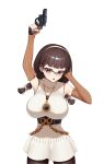  1girl absurdres arm_up aya_(black_survival) black_survival bow breasts brown_eyes brown_hair commentary commission cowboy_shot detached_sleeves dress ear_covers english_commentary eternal_return:_black_survival glasses gun hair_bow hairband highres holding holding_gun holding_weapon huge_breasts jinggun long_hair looking_at_viewer open_mouth revolver short_twintails simple_background single_ear_cover sleeveless sleeveless_dress solo twintails weapon white_background white_bow white_dress white_hairband yellow_sleeves 