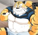  2019 anthro belly blush clothing felid humanoid_hands hyaku_(artist) male mammal navel one_eye_closed pantherine phone shirt solo tiger topwear underwear wink 