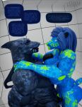 2025 3:2 3d_(artwork) absurd_res after_transformation anthro aquatic artist_logo bear blender_(artwork) blender_cycles_(artwork) blue_body blue_hair camo_body close_together codename_nihil dasha_(petruz) detailed_background digital_media_(artwork) duo english_text eye_contact female fish genitals hair hammerhead_(petruz) hands_on_shoulders hi_res latex liquid_latex living_sex_doll logo looking_at_another male mammal nipples one_way_mirror open_mouth plump_labia puffy_nipples sex_doll_holes shark side_view signature story_at_source straddling straddling_penis test_chamber text thought_bubble thoughts vulva watermark worried