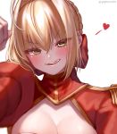  1girl :q ahoge blonde_hair blush breasts cleavage epaulettes eyebrows_visible_through_hair fate/extra fate_(series) green_eyes heart looking_at_viewer medium_breasts naughty_face nero_claudius_(fate) nero_claudius_(fate)_(all) short_hair simple_background solo tongue tongue_out twitter_username upper_body white_background yayoimaka03 