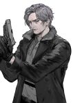  1boy aegyo_sal beard_stubble black_gloves black_jacket blue_eyes commentary cowboy_shot facial_hair fur_trim gloves grey_hair grey_shirt gun handgun hands_up highres holding holding_gun holding_weapon jacket leon_s._kennedy looking_at_viewer male_focus mocimo narrowed_eyes parted_lips resident_evil resident_evil_requiem shirt short_hair solo stubble swept_bangs two-handed untranslatable_commentary weapon 