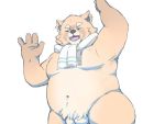  2019 anthro balls belly eyes_closed humanoid_hands inunoshippo male mammal moobs navel overweight overweight_male popori scarf simple_background solo tera_online video_games white_background 