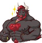  2019 absurd_res anthro arm_tuft beard beverage big_muscles black_body black_fur black_nipples body_hair boku_(character) bovid bovine cattle chest_hair elbow_tufts facial_hair facial_piercing fur hair happy_trail hi_res horn huge_muscles kurothemoop male mammal muscular muscular_male mustache nipples nose_piercing piercing red_hair simple_background solo sparkles tuft white_background 