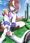  1girl absurdres animal_ears ascot asymmetrical_gloves black_gloves black_socks blue_eyes blue_sky blush boots bow brown_hair buttons cape closed_mouth cloud commentary_request double-breasted epaulettes gloves hair_between_eyes high_ponytail highres horse_ears horse_girl horse_tail horseshoe jacket ka_ga_chi long_hair long_sleeves mismatched_gloves multicolored_hair multicolored_jacket outdoors pink_ascot ponytail putting_on_footwear red_cape single_epaulette single_hair_streak sitting skirt sky smile socks solo streaked_hair tail tokai_teio_(peak_joy)_(umamusume) tokai_teio_(umamusume) two-tone_hair two-tone_jacket two-tone_skirt umamusume white_boots white_gloves white_hair white_skirt white_streaks 