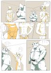  2016 anthro blush bottomwear bulge canid canine canis clothing comic domestic_dog duo hi_res inunoshippo japanese_text male male/male mammal overweight overweight_male pants shirt text topwear underwear undressing 