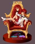  1boy absurdres black_bow bow chain commentary elsword elsword_(character) grey_background highres jacket jjw1029 long_sleeves male_focus red_hair red_shorts shoes short_hair shorts simple_background sitting w white_footwear white_jacket 