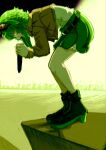  1girl black_boots boots commentary_request cropped_jacket from_side full_body goggles goggles_on_head green_eyes green_hair green_skirt gumi gumi_(ai_megpoid) highres holding holding_microphone jacket leaning_forward microphone music oisiiidoo open_mouth orange_jacket singing skirt solo standing vocaloid 
