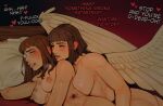 2girls angel_wings artificial_eye bed blush breasts brown_hair commentary elzunix english_commentary highres inquisition_(warhammer) inquisitor_katarinya_greyfax lipstick_mark lipstick_mark_on_breast living_saint multiple_girls nipples nude on_bed pillow saint_celestine sex smile sweat warhammer_40k wings yuri 