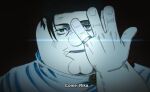  1boy black_hair blue_eyes cleft_chin commentary cosplay english_commentary english_text family_guy fat fat_man hand_up highres jewelry jujutsu_kaisen kowai_(iamkowai) looking_at_viewer male_focus okkotsu_yuta okkotsu_yuta_(cosplay) open_mouth peter_griffin ring short_hair solo subtitled very_short_hair 