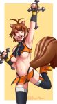  1girl abs ahoge animal_ears antenna_hair arm_up armpits blazblue breasts brown_eyes brown_hair dootmoon dual_wielding fingerless_gloves gloves holding large_breasts makoto_nanaya multicolored_hair open_mouth orange_skirt panties pantyshot revealing_clothes short_hair skirt smile solo squirrel_ears squirrel_tail tail thighhighs tonfa two-tone_hair underboob underwear weapon 