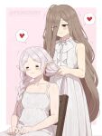  2girls blush border braid braiding_another's_hair brown_eyes brown_hair chair dress earrings elf fenqury frieren heart jewelry light_smile long_hair long_pointy_ears looking_at_another multiple_girls outside_border pointy_ears sense_(sousou_no_frieren) sitting smile sousou_no_frieren spoken_heart standing sweat very_long_hair white_border white_dress white_hair wooden_chair 