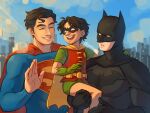  3boys batman batman_(series) batman_symbol belt blue_bodysuit bodysuit cape child commentary dc_comics dick_grayson domino_mask english_commentary eye_mask grey_bodysuit highres juniivess male_focus mask multiple_boys red_cape robin_(dc) superhero_costume superman superman_(series) superman_logo taut_bodysuit utility_belt 