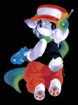  1boy animal_ears artist_name barefoot black_background black_eyes black_tank_top bright_pupils cave_story closed_mouth commentary english_commentary full_body furrification furry furry_male green_scarf gun hat highres holding holding_gun holding_weapon looking_at_viewer male_focus mimiga nessiemooo pants quote_(cave_story) red_hat red_pants scarf short_hair simple_background solo tail tank_top weapon white_hair white_pupils 