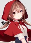 1girl absurdres ahoge black_bow blush bow bowtie breasts brown_eyes brown_hair capelet collared_shirt commentary_request crossed_bangs double-parted_bangs dress_shirt from_side grey_background hair_between_eyes hair_bow highres hood hood_down hooded_capelet ichigomaru_d kantai_collection long_hair looking_at_viewer low_twintails medium_breasts murasame_(halloween)_(kancolle) murasame_(kancolle) red_bow red_bowtie red_capelet red_hood shirt sidelocks signature simple_background smile solo twintails upper_body white_shirt 