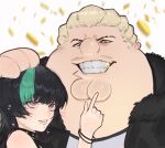  1boy 1other absurdres black_coat black_hair blonde_hair cleft_chin coat collar cosplay family_guy fat fat_man green_streaks grin hakari_kinji hakari_kinji_(cosplay) heart highres hoshi_kirara jujutsu_kaisen kowai_(iamkowai) looking_at_viewer male_focus multicolored_hair peter_griffin purple_eyes short_hair smile sparkle star-shaped_pupils star_(symbol) streaked_hair studded_collar symbol-shaped_pupils teeth very_short_hair 