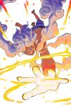  1boy alternate_form commentary gear_fifth hagoromo highres male_focus monkey_d._luffy neoneo one_piece open_mouth outstretched_arm red_eyes sandals sash scar scar_on_face shawl short_hair shorts solo thick_eyebrows topless_male white_hair white_shorts 