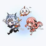 1boy 1girl @_@ ahoge animal baggy_pants belt black_belt black_boots black_bow black_pants black_ribbon blue_background blue_hair blue_horns blue_shirt blue_tail blush_stickers boots bow bowtie canon_event carrying_over_shoulder cat center_frills chibi chinese_commentary choker circlet cloak close-up closed_mouth clothed_animal commentary_request determined dot_nose dragon_boy dragon_horns dragon_tail ear_covers floating_hair frilled_shirt frilled_skirt frilled_sleeves frills frown hair_bow hair_ribbon highres hood hood_up hooded_cloak horns infinity_nikki kneehighs layered_skirt layered_sleeves long_hair long_sleeves low_twintails meghill_(infinity_nikki) miniskirt momo_(nikki) motion_lines nikki_(nikki) nikki_(series) open_mouth outline panicking pants parted_bangs perfect_start_(infinity_nikki) pink_choker pink_eyes pink_hair pink_shoes pink_skirt pleated_skirt puffy_long_sleeves puffy_sleeves red_bow red_bowtie ribbon running shirt shoes short_hair short_over_long_sleeves short_sleeves sidelocks skirt socks speech_bubble speed_lines spoken_character tail tail_raised tareme tearing_up traditional_bowtie tress_ribbon tunic twintails v-shaped_eyebrows very_long_hair wavy_hair wavy_mouth white_cat white_outline white_shirt white_skirt white_socks white_tunic yellow_cloak yezhi073 