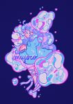  1girl artist_name bee_(bee_and_puppycat) bee_and_puppycat blue_dress bubble crescent dress full_body highres meyoco pink_footwear pink_ribbon profile puppycat purple_background purple_theme ribbon simple_background smile solo 