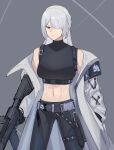  1girl abs absurdres ak-15 ak-15_(girls'_frontline) armband artificial_eye assault_rifle bare_shoulders belt black_armband black_belt black_pants black_shirt blue_archive blunt_bangs braid breasts buckle chest_harness coat commentary cosplay covered_collarbone cowboy_shot crop_top girls'_frontline girls'_frontline_2:_exilium gloves grey_hair groin gun hair_between_eyes hair_over_one_eye hand_in_pocket harness highres holding kalashnikov_rifle knife_sheath long_hair long_sleeves medium_breasts midriff navel no_mask off_shoulder open_clothes open_coat pants pioneer_(strumpionners442) purple_eyes red_pupils rifle saori_(blue_archive) saori_(blue_archive)_(cosplay) sheath shirt sidelocks simple_background sleeveless sleeveless_shirt snap-fit_buckle solo standing thigh_sheath variant_set voymastina_(girls'_frontline_2) weapon white_coat 