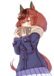  1girl animal_ears blue_coat blush bow box brown_hair buttons coat commentary_request double-breasted ear_bow ear_covers ear_ribbon green_bow highres holding holding_box horse_ears horse_girl horse_tail long_sleeves looking_at_viewer medium_hair multicolored_hair nice_nature_(umamusume) orusun purple_skirt scarf school_uniform simple_background skirt solo streaked_hair tail tracen_school_uniform tracen_winter_coat twintails umamusume white_background white_scarf winter_clothes winter_coat winter_uniform 