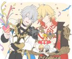  2boys antenna_hair arm_tattoo armlet armor black_choker black_coat black_shirt blonde_hair blue_eyes braid cake chest_tattoo choker clawed_gauntlets coat commentary_request earrings facial_tattoo food gold_earrings gold_necklace gradient_hair highres holding holding_cake holding_food holding_party_popper honkai:_star_rail honkai_(series) jewelry male_focus medium_hair mp80337393 multicolored_hair multiple_boys mydei_(honkai:_star_rail) neck_tattoo necklace open_clothes open_coat parted_bangs party_popper pauldrons phainon_(honkai:_star_rail) red_hair red_tattoo shirt short_hair shoulder_armor side_braid single_pauldron sun_symbol sun_tattoo tattoo white_coat white_hair yellow_eyes 