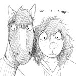  1:1 black_and_white bodily_fluids canid canine canis clothed clothing comic creepy dialogue domestic_dog duo equid equine female hi_res hladilnik horse male mammal michelle_(hladilnik) monochrome scared simple_background sweat text white_background zebra zebra_son_(hladilnik) 