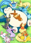  aimi_(aimia492) blush closed_eyes closed_mouth commentary_request eevee espeon fangs flareon glaceon grass jolteon leafeon lying no_humans open_mouth pokemon pokemon_(creature) pokemon_focus pokemon_sleep sleeping smile snorlax sylveon tongue tongue_out twitter_username umbreon vaporeon 