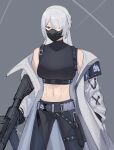  1girl abs absurdres ak-15 ak-15_(girls'_frontline) armband artificial_eye assault_rifle bare_shoulders belt black_armband black_belt black_mask black_pants black_shirt blue_archive blunt_bangs braid breasts buckle chest_harness closed_mouth coat commentary cosplay covered_collarbone covered_mouth cowboy_shot crop_top girls'_frontline girls'_frontline_2:_exilium gloves grey_hair groin gun hair_between_eyes hair_over_one_eye hand_in_pocket harness highres holding kalashnikov_rifle knife_sheath long_hair long_sleeves mask medium_breasts midriff mouth_mask navel off_shoulder open_clothes open_coat pants pioneer_(strumpionners442) purple_eyes red_pupils rifle saori_(blue_archive) saori_(blue_archive)_(cosplay) sheath shirt sidelocks simple_background sleeveless sleeveless_shirt snap-fit_buckle solo standing thigh_sheath variant_set voymastina_(girls'_frontline_2) weapon white_coat 