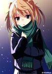  1girl blue_jacket blue_skirt blush brown_eyes brown_hair casual cold commentary_request cowboy_shot double_bun green_scarf hair_between_eyes hair_bun highres ichigomaru_d jacket kantai_collection lamppost long_sleeves looking_at_viewer medium_hair michishio_(kancolle) night open_mouth outdoors scarf short_twintails sidelocks skirt sky snow solo twintails twitter_username winter_clothes 