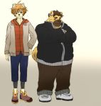  2014 anthro bottomwear canid canine canis clothing domestic_dog duo hoodie inunoshippo male mammal overweight overweight_male pants simple_background topwear 