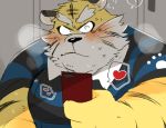  &lt;3 2019 anthro blush clothing felid humanoid_hands hyaku_(artist) male mammal pantherine phone shirt solo tiger topwear 