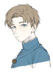  1boy blonde_hair blue_eyes blue_jacket chi.:_chikyuu_no_undou_ni_tsuite closed_mouth jacket jewelry kadeart looking_at_viewer male_focus necklace rafal_(chi.) short_hair simple_background solo white_background 
