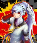  1girl android aqua_hair blue_hair breasts dootmoon hand_on_ear headphones labrys long_hair persona persona_4 persona_4:_the_ultimate_in_mayonaka_arena ponytail red_eyes robot_joints sailor_collar school_uniform serafuku smile solo very_long_hair 
