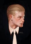  1boy albert_wesker blending blonde_hair collar comic_lo expressionless hair_slicked_back highres looking_to_the_side male_focus necktie photo-referenced portrait qwedsi red_eyes resident_evil resident_evil_1 short_hair sidelighting solo white_collar white_necktie 