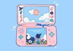  1girl artist_name black_cat blue_background braid cat cloud cloudy_sky crescent dark_skin english_text facing_away flower handheld_game_console hat heart meyoco nintendo_ds original pink_flower simple_background sky solo sparkle twin_braids twintails white_flower witch_hat 