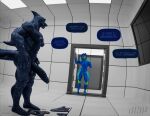 2025 3d_(artwork) after_transformation angry anthro aquatic artist_logo bear blender_(artwork) blender_cycles_(artwork) blue_body codename_nihil dasha_(petruz) detailed_background digital_media_(artwork) door duo english_text eye_contact female fish gesture hammerhead_(petruz) hand_on_own_breast hi_res latex liquid_latex living_sex_doll logo looking_at_another male mammal nipples one_way_mirror open_door puffy_nipples shark signature story_at_source test_chamber text thought_bubble thoughts watermark